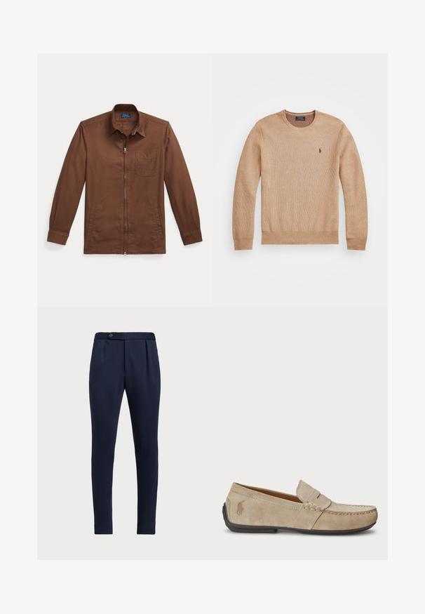 Beżowy sweter dzianinowy z okrągłym dekoltem, prążkowanymi mankietami i dołem oraz małym haftowanym logo na lewej piersi.; Brązowa kurtka zapinana na zamek, wykonana z tkaniny tkanej, z klapowym kołnierzem, pojedynczą kieszenią na piersi oraz mankietami na guziki. Minimalistyczny i funkcjonalny design.; Granatowe eleganckie spodnie z płaskim przodem, dwoma fałdami z przodu i pojedynczym zapięciem na guzik, wykonane z gładkiego, teksturowanego materiału.; Beżowe zamszowe loafersy z przeszyciem, płaską gumową podeszwą i małym logo po boku. Klasyczny model wsuwany, miękka faktura.