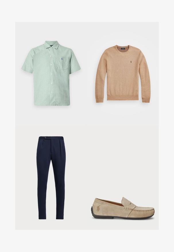 Sweater de malha bege com decote redondo, punhos e bainha canelados, e um pequeno logótipo bordado no lado esquerdo do peito.; Camisa de botão de mangas curtas em padrão de gingham verde claro. Apresenta um bolso no peito e um logo bordado do lado esquerdo.; Calças ajustadas azul-marinho com frente lisa, duas pregas frontais e fecho de botão único, apresentando um tecido liso e texturizado.; Mocassins de camurça beiges com um detalhe costurado, sola de borracha plana e um pequeno logotipo de lado. Design clássico de calçar, textura suave.