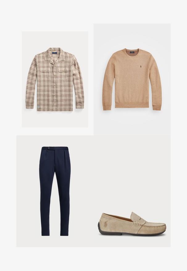 Pulover tricotat bej cu guler rotund, manșete și tiv cu nervuri, și un mic logo brodat pe pieptul stâng.; Cămașă în carouri maro și crem, cu mâneci lungi, două buzunare la piept și nasturi aurii; are un guler tip camp și un mic logo decorativ.; Pantaloni personalizați bleumarin, cu față plată, două plinuri frontale și un sistem de închidere cu un singur nasture, având un material neted și texturat.; Loafers din suede bej, cu detalii cusute, talpă din cauciuc plat și un logo mic pe lateral. Design clasic de tip slip-on, textură moale.
