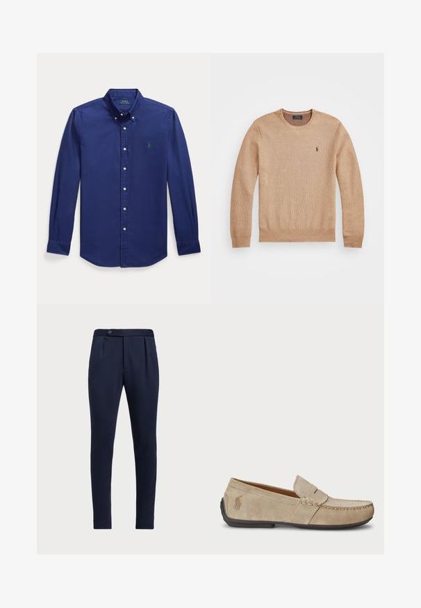 Beige knit sweater featuring a round neckline, ribbed cuffs and hem, and a small embroidered logo on the left chest.; Navy blue long-sleeve button-up shirt made of cotton. Features a pointed collar and small green embroidered logo on the left chest.; Navy blue tailored pants with a flat front, two front pleats, and a single button closure, featuring a smooth, textured fabric.; Beige suede loafers with a stitched detail, flat rubber sole, and a small logo on the side. Classic slip-on design, soft texture.