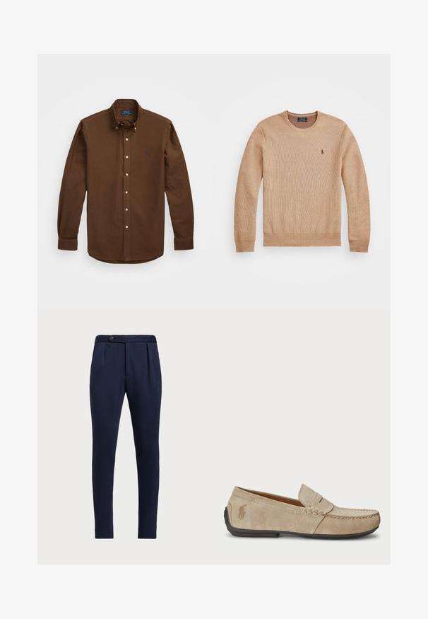 Sweater de malha bege com decote redondo, punhos e bainha canelados, e um pequeno logótipo bordado no lado esquerdo do peito.; Camisa castanha de botão, feita de algodão, com colarinho pontudo, mangas longas e um logo no peito. Ajuste clássico com a barra arredondada.; Calças ajustadas azul-marinho com frente lisa, duas pregas frontais e fecho de botão único, apresentando um tecido liso e texturizado.; Mocassins de camurça beiges com um detalhe costurado, sola de borracha plana e um pequeno logotipo de lado. Design clássico de calçar, textura suave.