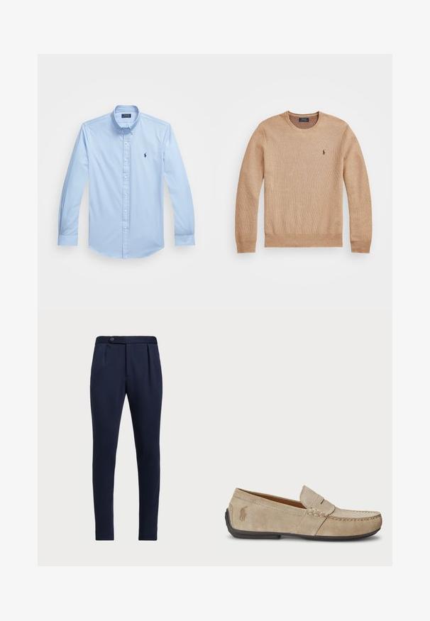 Beige strikkegenser med rund hals, ribbestrikkede mansjetter og kant, samt en liten brodert logo på venstre bryst.; Lyseblå skjorte med knapper laget av bomull, med lange ermer, spiss krage og brodert logo på venstre bryst. Flat frontdesign.; Marineblå skreddersydde bukser med flat front, to frontfolder og en enkelt knappelukking, med et glatt, teksturert stoff.; Beige mokasiner i semsket skinn med en sydd detalj, flat gummisåle og en liten logo på siden. Klassisk slip-on-design, myk tekstur.