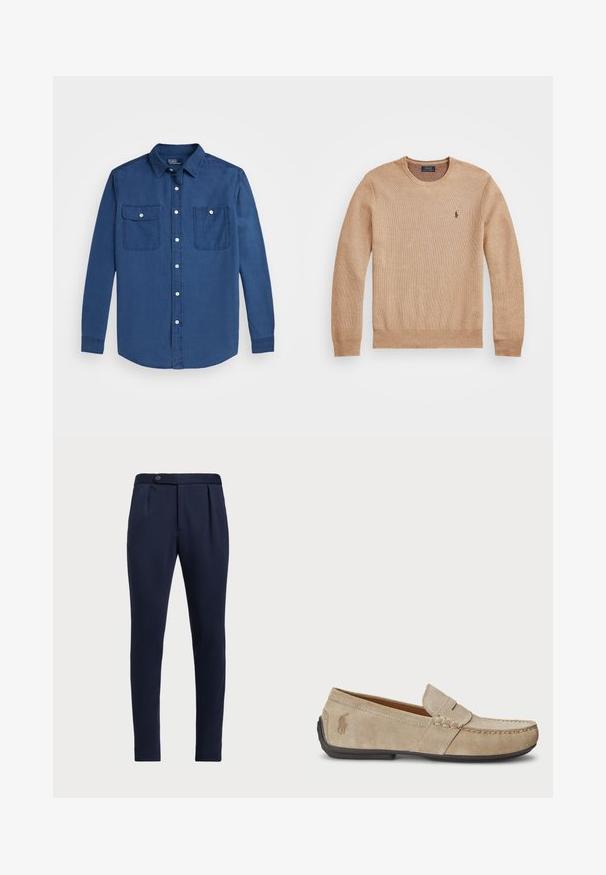 Bež pleteni pulover z okroglo izrezom, rebrastimi manšeti in robom ter majhnim vezenim logotipom na levi prsni strani.; Majica z dolgimi rokavi, s gumbi, v mornarsko modri barvi iz bombaža. Ima dva žepa na prsih, bele gumbe in klasičen ovratnik z zaobljenim robom.; Temno modri hlače po meri z ravnim sprednjim delom, dvema sprednjima pregiboma in z enim gumbom za zapiranje, iz gladkega teksturiranega materiala.; Bež nubuk loafers s šivano podrobnostjo, ravnim gumijastim podplatom in majhnim logotipom ob strani. Klasična zasnova za enostavno obuvanje, mehak material.