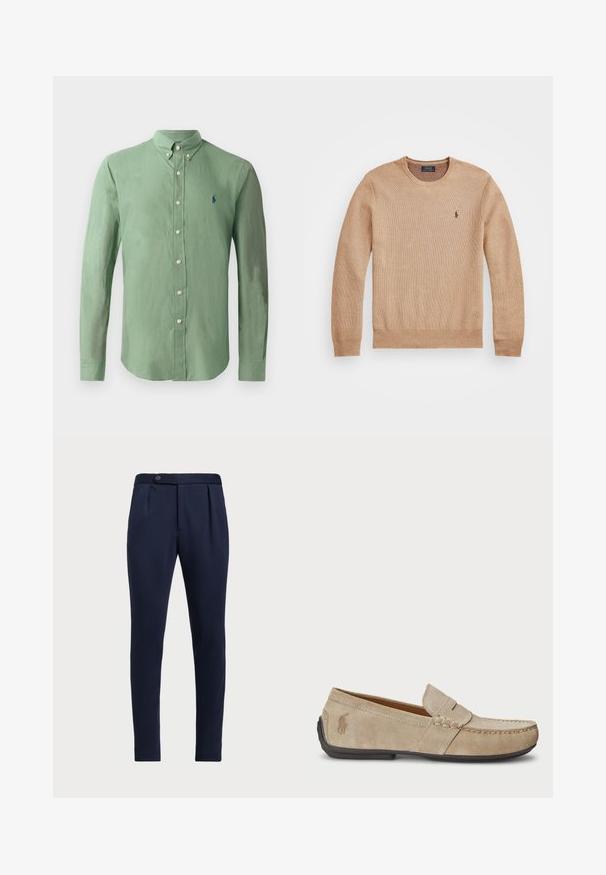 Sweater de malha bege com decote redondo, punhos e bainha canelados, e um pequeno logótipo bordado no lado esquerdo do peito.; Camisa verde de manga longa, feita de tecido leve; possui colarinho pontudo, mangas longas e um pequeno logotipo azul no lado esquerdo do peito.; Calças ajustadas azul-marinho com frente lisa, duas pregas frontais e fecho de botão único, apresentando um tecido liso e texturizado.; Mocassins de camurça beiges com um detalhe costurado, sola de borracha plana e um pequeno logotipo de lado. Design clássico de calçar, textura suave.