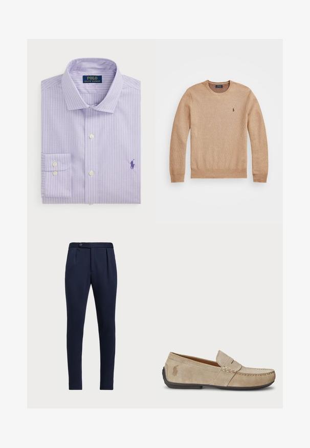 Beige gebreide trui met een ronde halslijn, geribbelde manchetten en zoom, en een klein geborduurd logo op de linker borst.; Licht paarse overhemd met witte verticale strepen, met knoopsluiting kraag, enkele borstzak, met geborduurd logo in donker paars.; Marineblauwe op maat gemaakte broeken met een vlakke voorkant, twee plooien aan de voorzijde en een enkele knoopsluiting, gemaakt van een gladde, gestructureerde stof.; Beige suède instappers met een gestikt detail, platte rubberen zool en een klein logo aan de zijkant. Klassiek instapontwerp, zachte textuur.