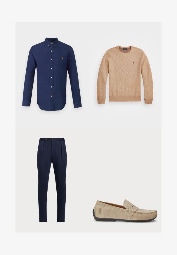 Μπεζ πλεκτό πουλόβερ με στρογγυλή λαιμόκοψη, ριμπ μανσέτες και στρίφωμα, καθώς και ένα μικρό κεντημένο λογότυπο στο αριστερό στήθος.; Ναυτικό μπλε μακρυμάνικο πουκάμισο από βαμβάκι, με κλασικό γιακά και μικρό χρυσό λογότυπο στο στήθος. Κλασική γραμμή με κουμπάκι.; Σκούρο μπλε κομμένα παντελόνια με επίπεδο μπροστινό μέρος, δύο πλαϊνές πτυχώσεις και έναν κουμπί για κλείσιμο, με λείο και υφαμένο ύφασμα.; Μπεζ σουέτ μοκασίνια με ραμμένο σχέδιο, επίπεδη καουτσούκ σόλα και μικρό λογότυπο στο πλάι. Κλασικός σχεδιασμός που φοριέται εύκολα, μαλακή υφή.