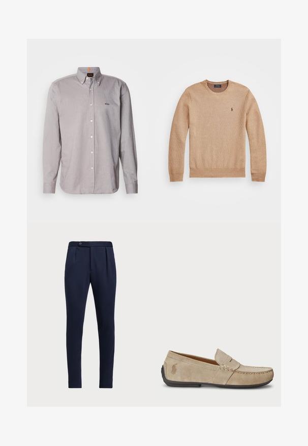 Bež pleteni pulover z okroglo izrezom, rebrastimi manšeti in robom ter majhnim vezenim logotipom na levi prsni strani.; Svetlo siva košeljica na gumb iz lahkotnega materiala, z ovratnikom, dolgimi rokavi in majhnim vezenim logotipom na prsih.; Temno modri hlače po meri z ravnim sprednjim delom, dvema sprednjima pregiboma in z enim gumbom za zapiranje, iz gladkega teksturiranega materiala.; Bež nubuk loafers s šivano podrobnostjo, ravnim gumijastim podplatom in majhnim logotipom ob strani. Klasična zasnova za enostavno obuvanje, mehak material.