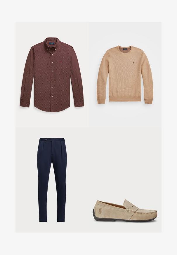Sweater de malha bege com decote redondo, punhos e bainha canelados, e um pequeno logótipo bordado no lado esquerdo do peito.; Camisa de botão vermelha e azul-marinho com um padrão geométrico pequeno, mangas compridas e gola clássica. Apresenta um pequeno logótipo no peito.; Calças ajustadas azul-marinho com frente lisa, duas pregas frontais e fecho de botão único, apresentando um tecido liso e texturizado.; Mocassins de camurça beiges com um detalhe costurado, sola de borracha plana e um pequeno logotipo de lado. Design clássico de calçar, textura suave.