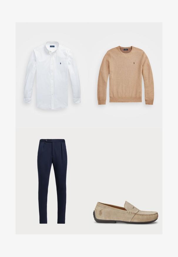 Sweater de malha bege com decote redondo, punhos e bainha canelados, e um pequeno logótipo bordado no lado esquerdo do peito.; Camisa de botão de mangas longas branca, feita de algodão, com um colarinho clássico e um pequeno logo azul no lado esquerdo do peito.; Calças ajustadas azul-marinho com frente lisa, duas pregas frontais e fecho de botão único, apresentando um tecido liso e texturizado.; Mocassins de camurça beiges com um detalhe costurado, sola de borracha plana e um pequeno logotipo de lado. Design clássico de calçar, textura suave.