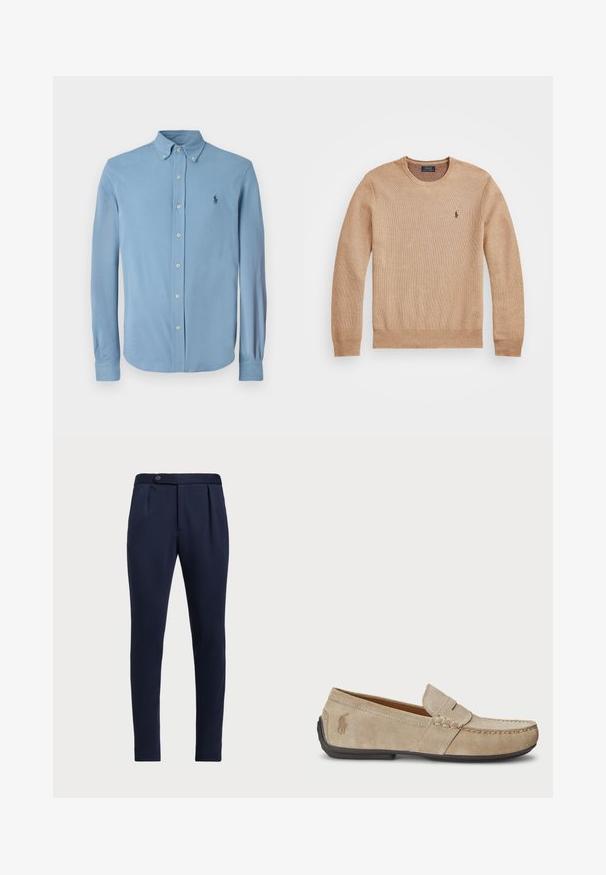 Bež pleteni pulover z okroglo izrezom, rebrastimi manšeti in robom ter majhnim vezenim logotipom na levi prsni strani.; Svetlo modra srajca z gumbi, izdelana iz gladkega materiala, z klasičnim ovratnikom, dolgimi rokavi in majhnim temnim grbom na prsih.; Temno modri hlače po meri z ravnim sprednjim delom, dvema sprednjima pregiboma in z enim gumbom za zapiranje, iz gladkega teksturiranega materiala.; Bež nubuk loafers s šivano podrobnostjo, ravnim gumijastim podplatom in majhnim logotipom ob strani. Klasična zasnova za enostavno obuvanje, mehak material.