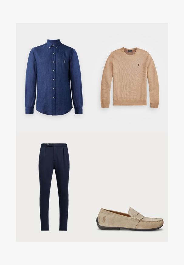 Bežinis mezginys megztinis su apvaliu iškirpimu, suplėštais rankogaliais ir apačia, bei mažas siuvinėtas logotipas kairėje krūtinės pusėje.; Tamsiai mėlynas ilgomis rankovėmis lino marškinis su mygtukų apykakle, turintis mažą logotipą ir priekinį mygtukų užsegimą.; Tamsiai mėlynos pritaikytos kelnės su lygia priekine dalimi, dviem priekinių raukšlių ir vienu mygtuko užsegimu, pagamintos iš lygaus, tekstūruoto audinio.; Beige zomšos loaferiai su siuvinėjimo detale, plokščiu guminio pado, ir mažuoju logotipu šone. Klasikinis priglaudimo dizainas, minkšta tekstūra.