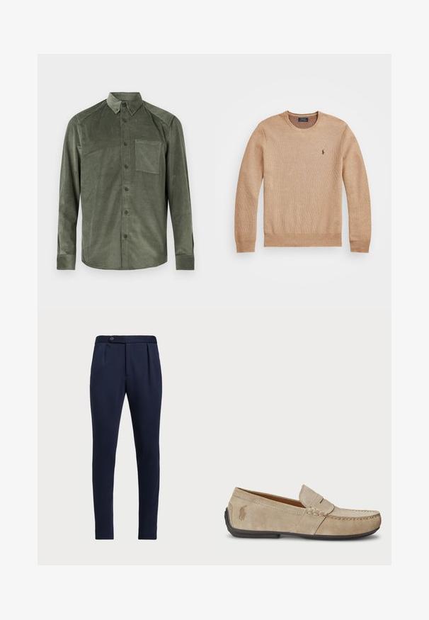 Maglione beige lavorato a maglia con scollatura rotonda, polsini e orlo a costine, e un piccolo logo ricamato sul lato sinistro del petto.; Camicia da uomo in corda verde oliva a maniche lunghe, con taschino sul petto e colletto abbottonato, esposta su sfondo bianco.; Pantaloni eleganti blu navy con fronte piatto, due pince anteriori e chiusura con un bottone, realizzati in un tessuto liscio e con una texture.; Mocassini in suede beige con dettaglio cucito, suola piatta in gomma e piccolo logo sul lato. Design classico slip-on, texture morbida.