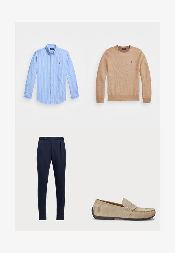 Bež pleteni pulover z okroglo izrezom, rebrastimi manšeti in robom ter majhnim vezenim logotipom na levi prsni strani.; Modra in bela črtasta dolgodlaka srajca z gumbi, s koničastim ovratnikom in logotipom na prsih. Bombažna tkanina z gladko teksturo.; Temno modri hlače po meri z ravnim sprednjim delom, dvema sprednjima pregiboma in z enim gumbom za zapiranje, iz gladkega teksturiranega materiala.; Bež nubuk loafers s šivano podrobnostjo, ravnim gumijastim podplatom in majhnim logotipom ob strani. Klasična zasnova za enostavno obuvanje, mehak material.