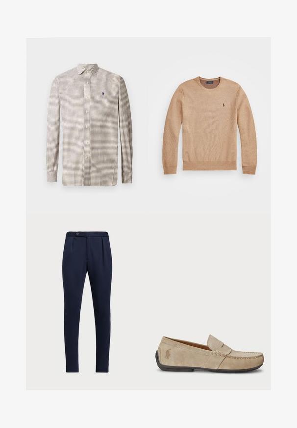 Bežinis mezginys megztinis su apvaliu iškirpimu, suplėštais rankogaliais ir apačia, bei mažas siuvinėtas logotipas kairėje krūtinės pusėje.; Ilgų rankovių mygtukų marškiniai su smėlio spalvos ir rudos spalvos patikrinimo raštu bei mažuoju išsiuvinėtu tamsiai mėlynu logotipu kairėje krūtinės pusėje.; Tamsiai mėlynos pritaikytos kelnės su lygia priekine dalimi, dviem priekinių raukšlių ir vienu mygtuko užsegimu, pagamintos iš lygaus, tekstūruoto audinio.; Beige zomšos loaferiai su siuvinėjimo detale, plokščiu guminio pado, ir mažuoju logotipu šone. Klasikinis priglaudimo dizainas, minkšta tekstūra.