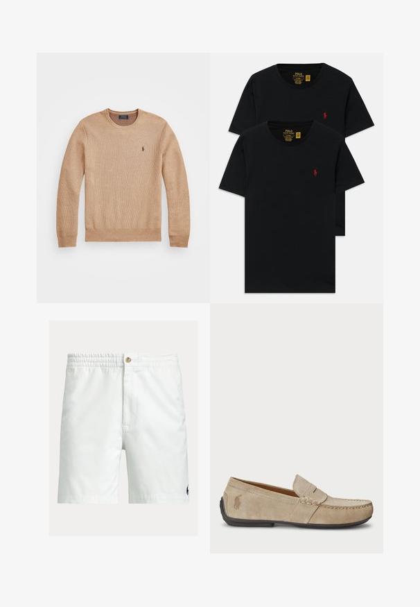 Bežinis mezginys megztinis su apvaliu iškirpimu, suplėštais rankogaliais ir apačia, bei mažas siuvinėtas logotipas kairėje krūtinės pusėje.; Juodieji medvilniniai marškinėliai su apvalia iškirpte, parduodami dviejų pakuotėje, su mažuoju raudonu siuvinėjimu krūtinėje. Individualiai pritaikytas lieknas modelis.; Baltos spalvos plaukimo šortai su elastine juosmens juostele, sagos užsegimu ir mažu tamsiai mėlynu logotipo elementu. Pagaminti iš lengvos, lygios medžiagos.; Beige zomšos loaferiai su siuvinėjimo detale, plokščiu guminio pado, ir mažuoju logotipu šone. Klasikinis priglaudimo dizainas, minkšta tekstūra.