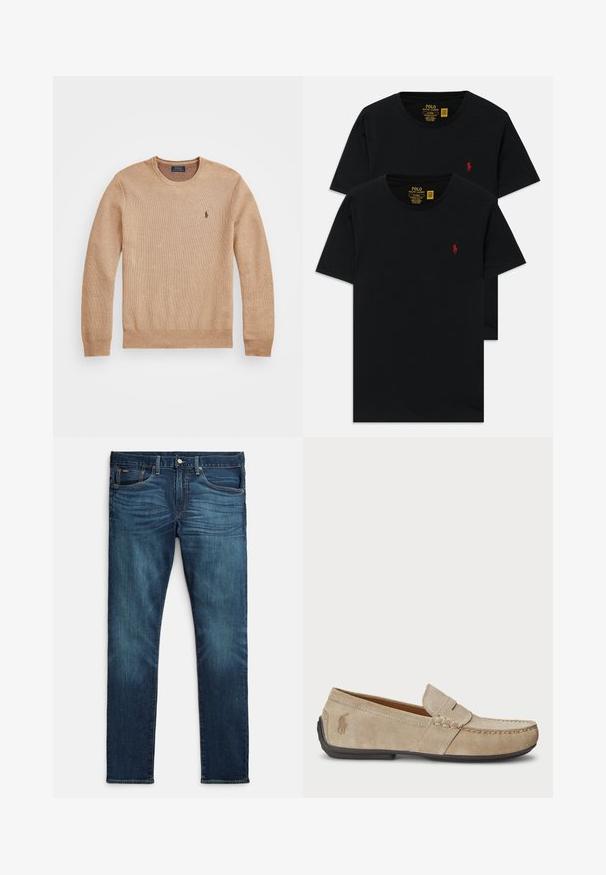 Sweater de malha bege com decote redondo, punhos e bainha canelados, e um pequeno logótipo bordado no lado esquerdo do peito.; Camisas de algodão pretas de gola redonda em pacote de dois, com um pequeno logotipo bordado em vermelho no peito. Design personalizado de corte slim.; Jeans azul escuro feitos de denim, com um corte slim, cinco bolsos, costura laranja contrastante e design de perna reta.; Mocassins de camurça beiges com um detalhe costurado, sola de borracha plana e um pequeno logotipo de lado. Design clássico de calçar, textura suave.