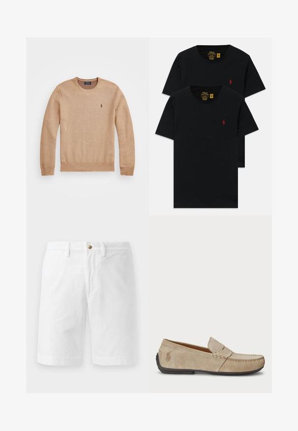 Beige strikkegenser med rund hals, ribbestrikkede mansjetter og kant, samt en liten brodert logo på venstre bryst.; Svarte bomull crew neck t-skjorter i en pakke med to, med en liten rød brodert logo på brystet. Skreddersydd slim fit design.; Hvite bomullsshorts med en avslappet passform, med knappeåpning foran, beltehemper og flat frontdesign. Glatt tekstur og kne-lengde.; Beige mokasiner i semsket skinn med en sydd detalj, flat gummisåle og en liten logo på siden. Klassisk slip-on-design, myk tekstur.