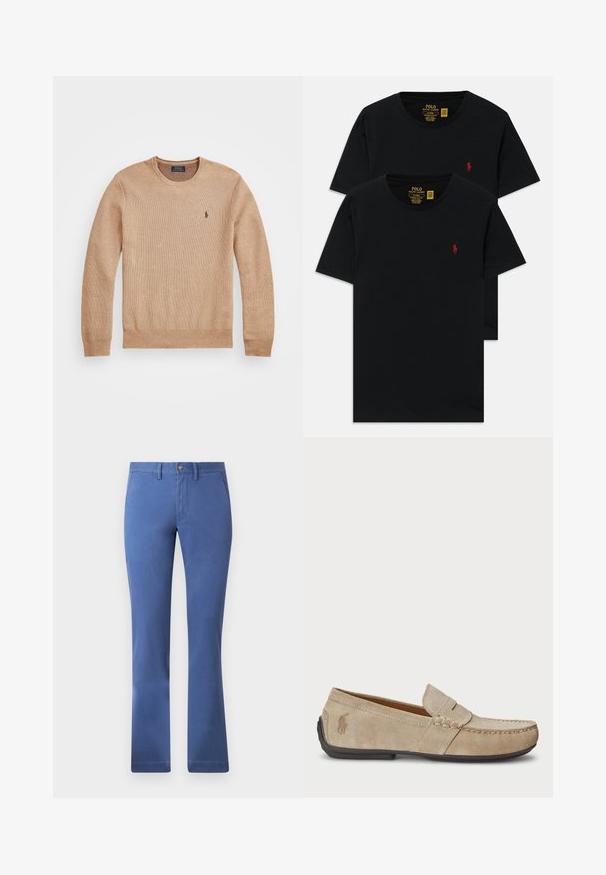 Béžový pletený svetr s kulatým výstřihem, žebrovanými manžetami a lemem a malým vyšitým logem na levém prsu.; Černé bavlněné trička s kulatým výstřihem v balení po dvou, s malým červeným vyšitým logem na hrudi. Vlastní design s přiléhavým střihem.; Modré kalhoty z bavlněné směsi se střihm rovnými nohavicemi, zapínáním na knoflík, funkčními kapsami a hladkým povrchem. Jednoduchý a univerzální styl.; Béžové semišové mokasíny se šitým detailem, plochou gumovou podrážkou a malým logem na boku. Klasický design na klín, měkká textura.