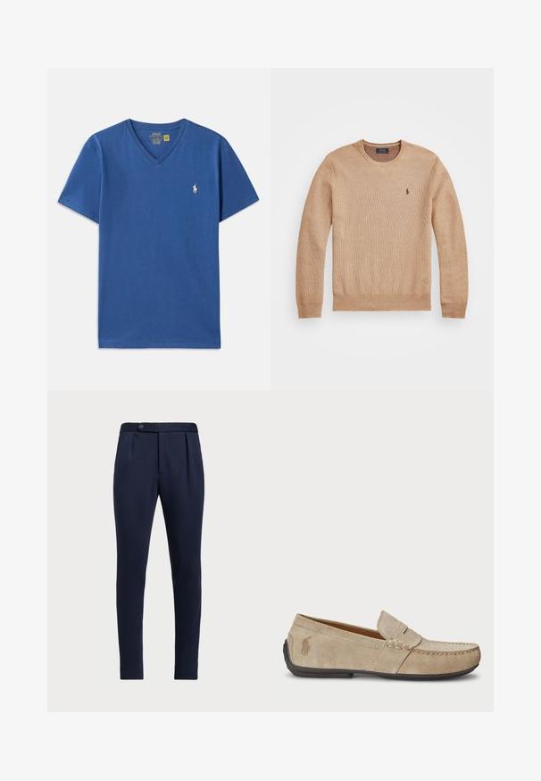 Beige stickad tröja med rund halsringning, ribbade mudd och nederkant, samt en liten broderad logotyp på vänster bröst.; Blå bomulls T-shirt med kort ärm och V-ringning, med en liten vit broderad logotyp på vänster bröst. Slät textur, avslappnad design.; Marinblå skräddarsydda byxor med en slät front, två framveck och en enkel knappstängning, i ett mjukt, strukturerat tyg.; Beiga mockasiner i mocka med en sömdetalj, platt gummisula och en liten logotyp på sidan. Klassisk slip-on design, mjuk textur.