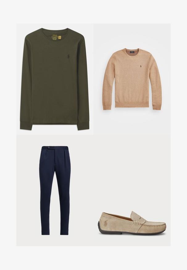 Beige stickad tröja med rund halsringning, ribbade mudd och nederkant, samt en liten broderad logotyp på vänster bröst.; Långärmad, olivgrön bomullströja med rundad halsringning och en liten, mörk logotyp på vänster bröst. Mjuk textur, slim fit-design.; Marinblå skräddarsydda byxor med en slät front, två framveck och en enkel knappstängning, i ett mjukt, strukturerat tyg.; Beiga mockasiner i mocka med en sömdetalj, platt gummisula och en liten logotyp på sidan. Klassisk slip-on design, mjuk textur.