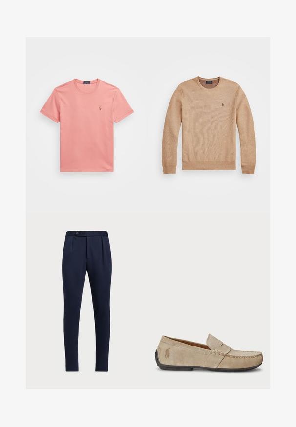 Béžový pletený svetr s kulatým výstřihem, žebrovanými manžetami a lemem a malým vyšitým logem na levém prsu.; Růžové bavlněné tričko s kulatým výstřihem a krátkým rukávem. Obsahuje malé vyšívané logo na levé části hrudníku. Jednoduchá, hladká textura.; Námořnické modré kalhoty s přizpůsobeným střihem, plochým předním dílem, dvěma předními sklady a jedním knoflíkem na zapínání, vyrobené z hladké, texturované látky.; Béžové semišové mokasíny se šitým detailem, plochou gumovou podrážkou a malým logem na boku. Klasický design na klín, měkká textura.