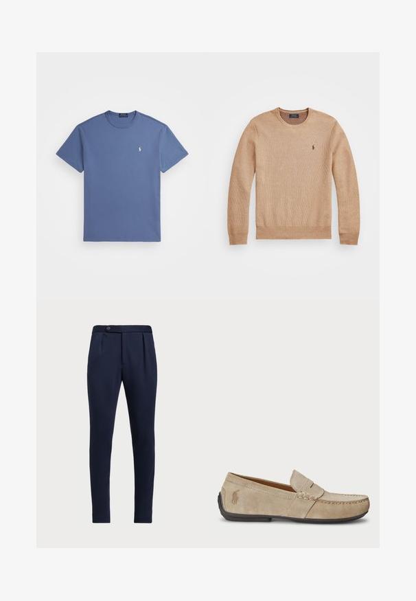 Béžový pletený svetr s kulatým výstřihem, žebrovanými manžetami a lemem a malým vyšitým logem na levém prsu.; Modré bavlněné tričko s krátkým rukávem, kulatým výstřihem a malým vyšitým logem na hrudi. Hladká textura, klasický design.; Námořnické modré kalhoty s přizpůsobeným střihem, plochým předním dílem, dvěma předními sklady a jedním knoflíkem na zapínání, vyrobené z hladké, texturované látky.; Béžové semišové mokasíny se šitým detailem, plochou gumovou podrážkou a malým logem na boku. Klasický design na klín, měkká textura.