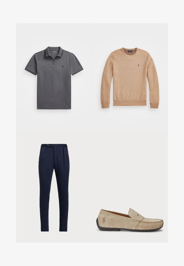 Suéter de punto beige con un cuello redondo, puños y dobladillo acanalados, y un pequeño logo bordado en el lado izquierdo del pecho.; Polo en gris oscuro con cuello con cremallera, fabricado en un tejido texturizado, de mangas cortas y con un pequeño logo negro en el lado izquierdo del pecho.; Pantalones ajustados azul marino con frontal plano, dos pliegues delanteros y un cierre de botón, con una tela suave y texturizada.; Mocasines de ante beige con detalle cosido, suela de goma plana y un pequeño logotipo en el lateral. Diseño clásico de slip-on, textura suave.