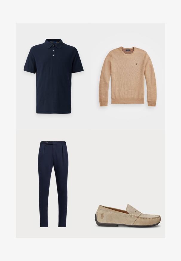 Beige knit sweater featuring a round neckline, ribbed cuffs and hem, and a small embroidered logo on the left chest.; Navy polo shirt with a collared neck, short sleeves, three-button placket, and contrasting inner collar detail. Made of textured cotton fabric.; Navy blue tailored pants with a flat front, two front pleats, and a single button closure, featuring a smooth, textured fabric.; Beige suede loafers with a stitched detail, flat rubber sole, and a small logo on the side. Classic slip-on design, soft texture.