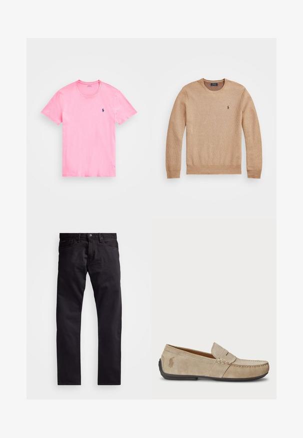 Beige strikkegenser med rund hals, ribbestrikkede mansjetter og kant, samt en liten brodert logo på venstre bryst.; Rosa bomull T-skjorte med rund hals, korte ermer og et marineblått logo på venstre bryst. Jevn tekstur og normal passform.; Svarte denimjeans med rett ben-design, som har en knapp- og glidelåslukking, fem lommer og et lett teksturert stoff.; Beige mokasiner i semsket skinn med en sydd detalj, flat gummisåle og en liten logo på siden. Klassisk slip-on-design, myk tekstur.