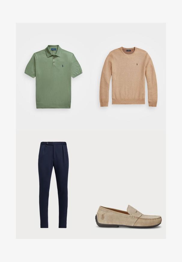 Beige strikkegenser med rund hals, ribbestrikkede mansjetter og kant, samt en liten brodert logo på venstre bryst.; Oliven grønn polo skjorte laget av teksturert stoff. Har en tre-knapp placket og en liten marineblå logo på venstre bryst. Korte ermer.; Marineblå skreddersydde bukser med flat front, to frontfolder og en enkelt knappelukking, med et glatt, teksturert stoff.; Beige mokasiner i semsket skinn med en sydd detalj, flat gummisåle og en liten logo på siden. Klassisk slip-on-design, myk tekstur.
