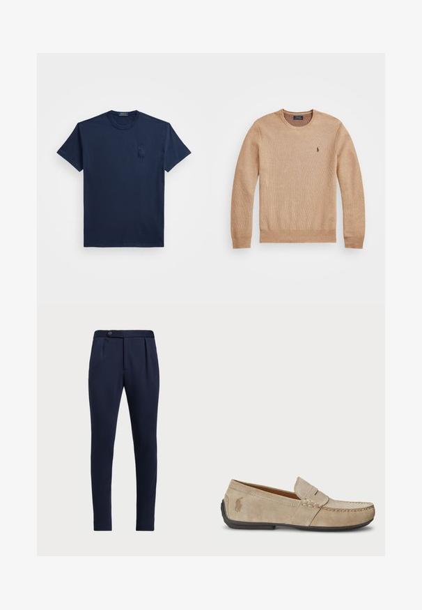 Beige knit sweater featuring a round neckline, ribbed cuffs and hem, and a small embroidered logo on the left chest.; Navy blue cotton t-shirt with short sleeves, crew neckline, and a subtle embroidered logo on the left chest. Smooth texture, basic design.; Navy blue tailored pants with a flat front, two front pleats, and a single button closure, featuring a smooth, textured fabric.; Beige suede loafers with a stitched detail, flat rubber sole, and a small logo on the side. Classic slip-on design, soft texture.