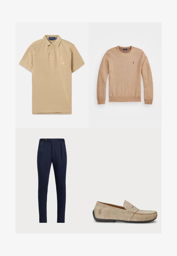 Beige knit sweater featuring a round neckline, ribbed cuffs and hem, and a small embroidered logo on the left chest.; Beige polo shirt with a classic collar, two buttons, and an embroidered logo on the left chest, made of soft cotton material.; Navy blue tailored pants with a flat front, two front pleats, and a single button closure, featuring a smooth, textured fabric.; Beige suede loafers with a stitched detail, flat rubber sole, and a small logo on the side. Classic slip-on design, soft texture.