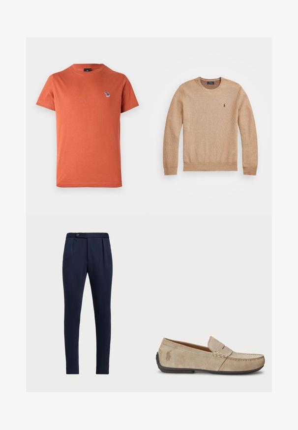 Beige gebreide trui met een ronde halslijn, geribbelde manchetten en zoom, en een klein geborduurd logo op de linker borst.; Oranje katoenen T-shirt met korte mouwen, ronde hals en een klein, mult Kleuren geborduurd ontwerp op de linkerkant van de borst.; Marineblauwe op maat gemaakte broeken met een vlakke voorkant, twee plooien aan de voorzijde en een enkele knoopsluiting, gemaakt van een gladde, gestructureerde stof.; Beige suède instappers met een gestikt detail, platte rubberen zool en een klein logo aan de zijkant. Klassiek instapontwerp, zachte textuur.