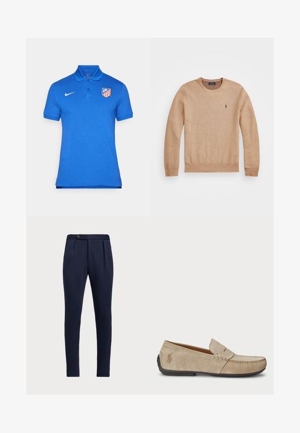 Beige Strickpullover mit Rundhalsausschnitt, gerippten Bündchen und Saum sowie einem kleinen gestickten Logo auf der linken Brust.; Blaues Polohemd aus Baumwolle mit einem Kragen, einer Knopfleiste mit drei Knöpfen, kurzen Ärmeln und einem rot-gelben Vereinslogo auf der linken Brust.; Marineblaue maßgeschneiderte Hose mit flacher Front, zwei vorderen Falten und einem einzelnen Knopfverschluss, aus einem glatten, strukturierten Stoff.; Beige Wildleder Slipper mit gesticktem Detail, flacher Gummisohle und kleinem Logo an der Seite. Klassisches Slip-On-Design, weicher Textur.