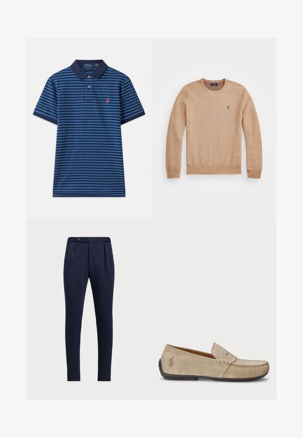 Beige knit sweater featuring a round neckline, ribbed cuffs and hem, and a small embroidered logo on the left chest.; Striped polo shirt in blue tones with dark blue collar. Features short sleeves and small red logo on the left chest. Lightweight fabric.; Navy blue tailored pants with a flat front, two front pleats, and a single button closure, featuring a smooth, textured fabric.; Beige suede loafers with a stitched detail, flat rubber sole, and a small logo on the side. Classic slip-on design, soft texture.