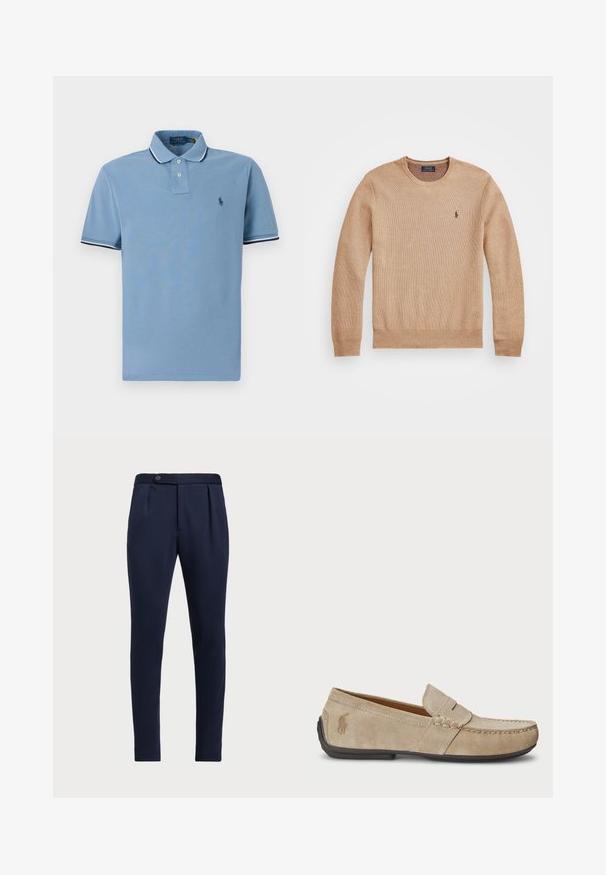 Pull en tricot beige avec un col rond, des poignets et un ourlet côtelés, et un petit logo brodé sur la poitrine gauche.; Polo shirt bleu clair avec un col, patte de boutonnage à deux boutons, accents rayés blancs et navy sur les manches, et un petit logo.; Pantalons ajustés bleu marine avec un devant plat, deux plis avant et une fermeture à un bouton, en tissu lisse et texturé.; Mocassins en suede beige avec un détail cousu, semelle en caoutchouc plate et un petit logo sur le côté. Design classique à enfiler, texture douce.