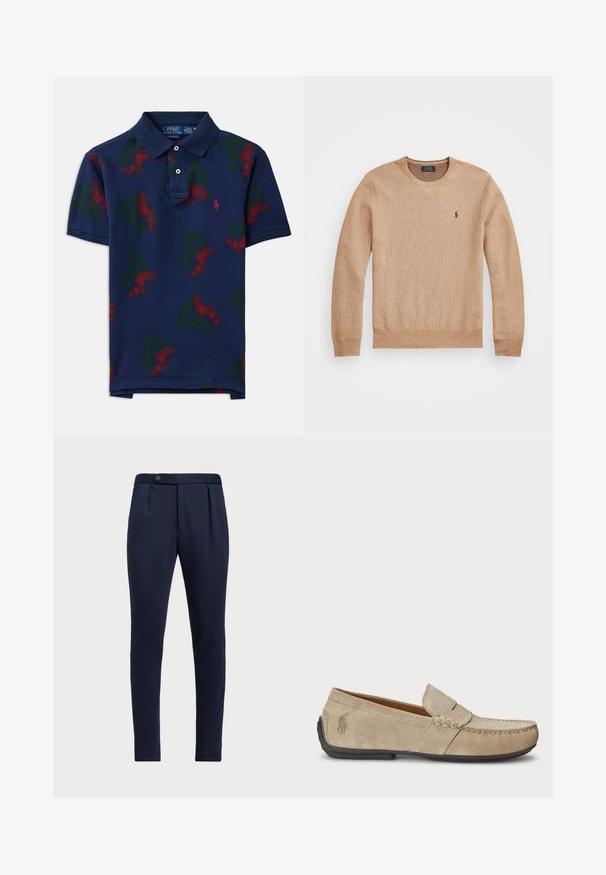 Sweater de malha bege com decote redondo, punhos e bainha canelados, e um pequeno logótipo bordado no lado esquerdo do peito.; Camisola de polo em algodão azul-marinho com um padrão repetido de asas vermelhas e letras 'P' verdes, com colarinho clássico e placket de três botões.; Calças ajustadas azul-marinho com frente lisa, duas pregas frontais e fecho de botão único, apresentando um tecido liso e texturizado.; Mocassins de camurça beiges com um detalhe costurado, sola de borracha plana e um pequeno logotipo de lado. Design clássico de calçar, textura suave.