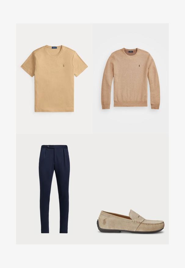Beige strikkegenser med rund hals, ribbestrikkede mansjetter og kant, samt en liten brodert logo på venstre bryst.; Beige kortermet T-skjorte med rund hals og liten brodert Polo Ralph Lauren-logo på venstre bryst, samt blå merkeetikett på kragen.; Marineblå skreddersydde bukser med flat front, to frontfolder og en enkelt knappelukking, med et glatt, teksturert stoff.; Beige mokasiner i semsket skinn med en sydd detalj, flat gummisåle og en liten logo på siden. Klassisk slip-on-design, myk tekstur.