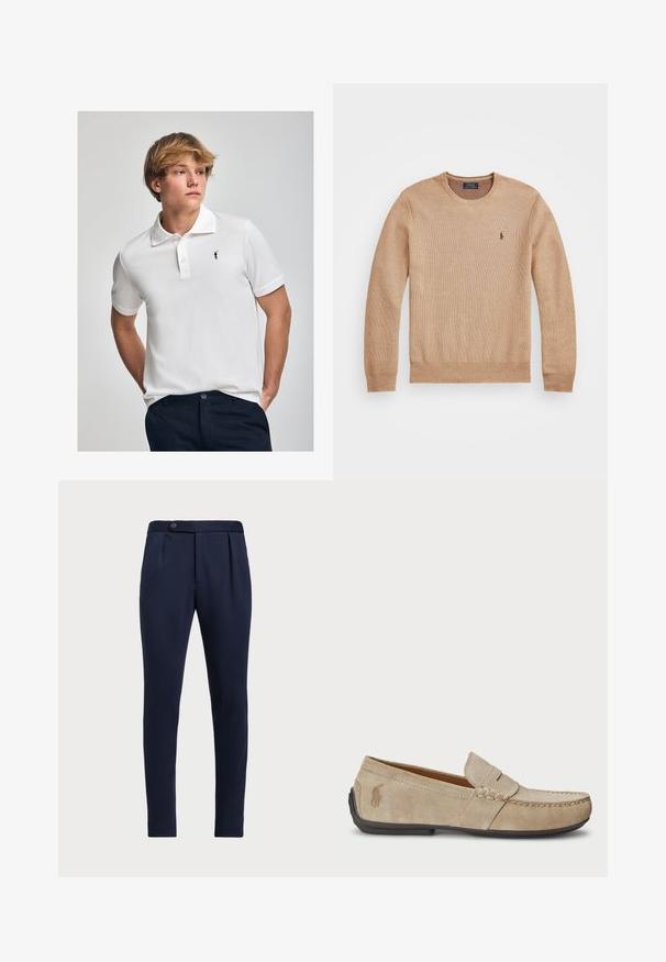 Beige strikket sweater med rund halsudskæring, ribbede manchetter og nederdel samt et lille broderet logo på venstre bryst.; Hvid polo t-shirt lavet af bomuld, med klassisk krave, tre knaplukninger og et lille sort logo på brystet.; Marineblå skræddersyede bukser med flad front, to for-pleater og enkelt knaplukning, med et glat, tekstureret stof.; Beige ruskindsloafers med syninger, flad gummisål og et lille logo på siden. Klassisk slip-on design, blød tekstur.