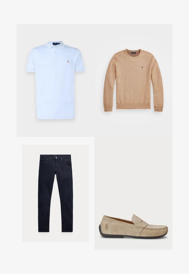 Beige stickad tröja med rund halsringning, ribbade mudd och nederkant, samt en liten broderad logotyp på vänster bröst.; Polo Ralph Lauren CUSTOM SLIM FIT SOFT COTTON POLO SHIRT - Piké - oxford blue; Mörkblå denimjeans med smal passform. Har fem fickor, blixtlås och metallknapp som stängning. Slät textur med minimal blekning.; Beiga mockasiner i mocka med en sömdetalj, platt gummisula och en liten logotyp på sidan. Klassisk slip-on design, mjuk textur.