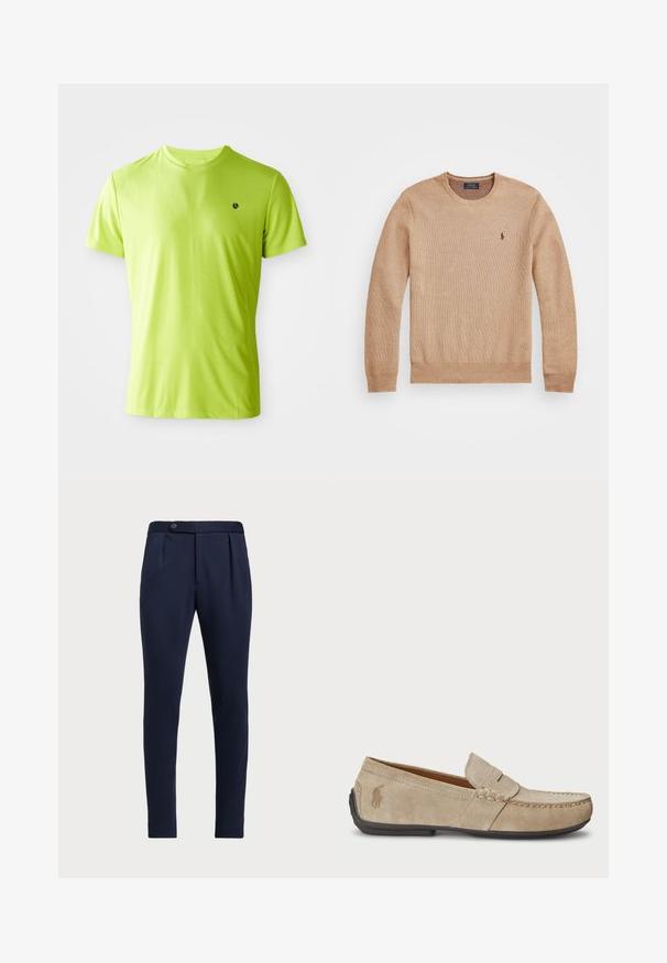 Beige strikkegenser med rund hals, ribbestrikkede mansjetter og kant, samt en liten brodert logo på venstre bryst.; Lysende limegrønn kortermet trenings-T-skjorte med en liten svart logo på venstre bryst, vist mot en hvit bakgrunn.; Marineblå skreddersydde bukser med flat front, to frontfolder og en enkelt knappelukking, med et glatt, teksturert stoff.; Beige mokasiner i semsket skinn med en sydd detalj, flat gummisåle og en liten logo på siden. Klassisk slip-on-design, myk tekstur.
