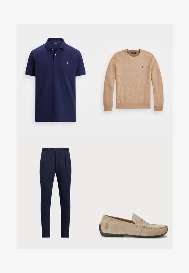 Beige stickad tröja med rund halsringning, ribbade mudd och nederkant, samt en liten broderad logotyp på vänster bröst.; Mörkblå kortärmad polo t-shirt med två vita knappar och en liten vit broderad hästlogotyp på vänster bröst.; Marinblå skräddarsydda byxor med en slät front, två framveck och en enkel knappstängning, i ett mjukt, strukturerat tyg.; Beiga mockasiner i mocka med en sömdetalj, platt gummisula och en liten logotyp på sidan. Klassisk slip-on design, mjuk textur.