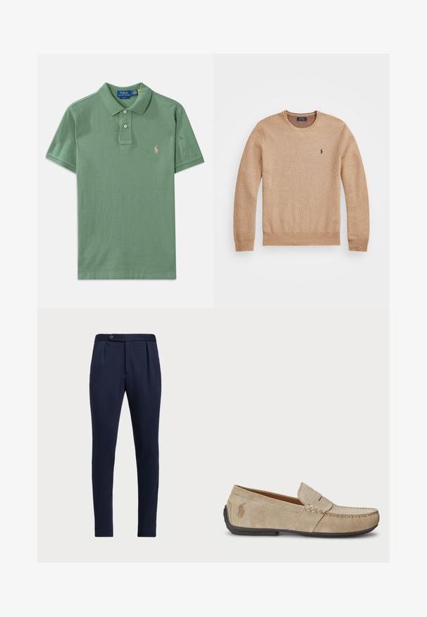 Beige strikkegenser med rund hals, ribbestrikkede mansjetter og kant, samt en liten brodert logo på venstre bryst.; Polo skjorte i lys grønn bomull, med krage, tre-knapps lukking, korte ermer og en liten brodert logo på brystet.; Marineblå skreddersydde bukser med flat front, to frontfolder og en enkelt knappelukking, med et glatt, teksturert stoff.; Beige mokasiner i semsket skinn med en sydd detalj, flat gummisåle og en liten logo på siden. Klassisk slip-on-design, myk tekstur.