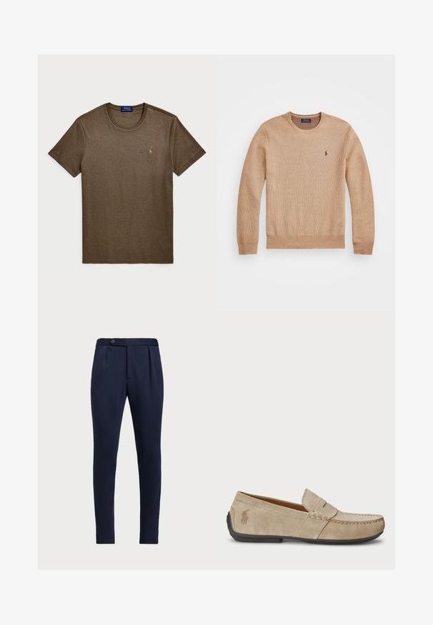 Sweater de malha bege com decote redondo, punhos e bainha canelados, e um pequeno logótipo bordado no lado esquerdo do peito.; Polo Ralph Lauren CUSTOM SLIM FIT SOFT COTTON T-SHIRT - T-shirt básica - cedar heather; Calças ajustadas azul-marinho com frente lisa, duas pregas frontais e fecho de botão único, apresentando um tecido liso e texturizado.; Mocassins de camurça beiges com um detalhe costurado, sola de borracha plana e um pequeno logotipo de lado. Design clássico de calçar, textura suave.
