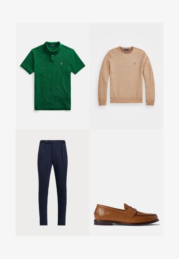 Beige knit sweater featuring a round neckline, ribbed cuffs and hem, and a small embroidered logo on the left chest.; Green polo shirt with a two-button placket, short sleeves, and a purple embroidered logo on the left chest. Soft cotton material.; Navy blue tailored pants with a flat front, two front pleats, and a single button closure, featuring a smooth, textured fabric.; Brown leather loafers with a flat sole, rounded toe, and decorative stitching. Features a stitched detail across the top and a smooth finish.