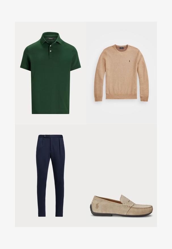 Beige knit sweater featuring a round neckline, ribbed cuffs and hem, and a small embroidered logo on the left chest.; Dark green short-sleeve polo shirt with two buttons and a collar, displayed on a plain light background.; Navy blue tailored pants with a flat front, two front pleats, and a single button closure, featuring a smooth, textured fabric.; Beige suede loafers with a stitched detail, flat rubber sole, and a small logo on the side. Classic slip-on design, soft texture.