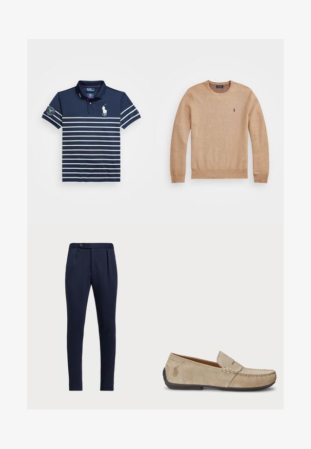 Beige knit sweater featuring a round neckline, ribbed cuffs and hem, and a small embroidered logo on the left chest.; Navy polo shirt with white horizontal stripes, short sleeves, and a purple collar. Features a white logo and a Wimbledon patch on the sleeve.; Navy blue tailored pants with a flat front, two front pleats, and a single button closure, featuring a smooth, textured fabric.; Beige suede loafers with a stitched detail, flat rubber sole, and a small logo on the side. Classic slip-on design, soft texture.