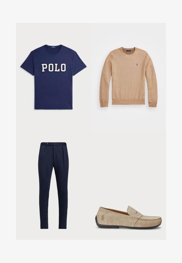 Sweater de malha bege com decote redondo, punhos e bainha canelados, e um pequeno logótipo bordado no lado esquerdo do peito.; T-shirt azul marinho feito de algodão, com um grande gráfico "POLO" em branco, com gola redonda e mangas curtas.; Calças ajustadas azul-marinho com frente lisa, duas pregas frontais e fecho de botão único, apresentando um tecido liso e texturizado.; Mocassins de camurça beiges com um detalhe costurado, sola de borracha plana e um pequeno logotipo de lado. Design clássico de calçar, textura suave.