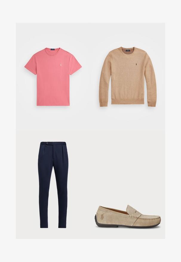 Sweater de malha bege com decote redondo, punhos e bainha canelados, e um pequeno logótipo bordado no lado esquerdo do peito.; T-shirt de algodão rosa com gola redonda e mangas curtas. Apresenta um pequeno logótipo bordado no lado esquerdo do peito. Textura suave.; Calças ajustadas azul-marinho com frente lisa, duas pregas frontais e fecho de botão único, apresentando um tecido liso e texturizado.; Mocassins de camurça beiges com um detalhe costurado, sola de borracha plana e um pequeno logotipo de lado. Design clássico de calçar, textura suave.