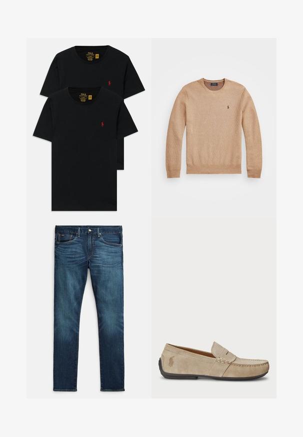 Bežani pleteni pulover s okruglim izrezom, rebrastim rukavima i donjim rubom te malim izvezenim logom na lijevoj strani prsnog koša.; Crne pamučne majice s kratkim rukavima i okruglim izrezom u paketu po dvije, s malim crvenim izvezenim logotipom na prsima. Prilagođeni uski kroj.; Tamnoplave traperice od trapera, uskog kroja, s pet džepova, kontrastnim narančastim šavovima i ravnim nogavicama.; Bež suknjeni mokasini s prošivom, ravnim gumiranim potplatom i malim logotipom sa strane. Klasičan dizajn za jednostavno obuvanje, mekana textura.